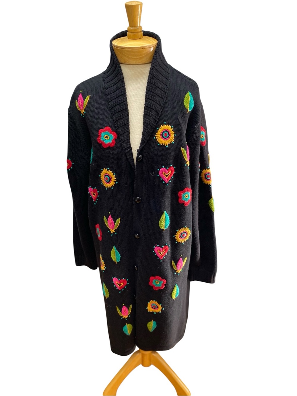 Bob Mackie Wearable Art Large Long Black Cardigan Embroidered Floral & Hearts
